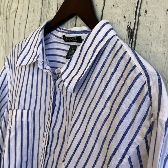 Lauren Ralph Lauren Womens Linen Button Up Shirt Plus Size 3X Striped Nautical - Picture 4 of 11